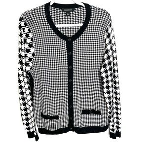 Foxcroft Sweater Womens XL Black White Houndstooth Button Front Round Neck